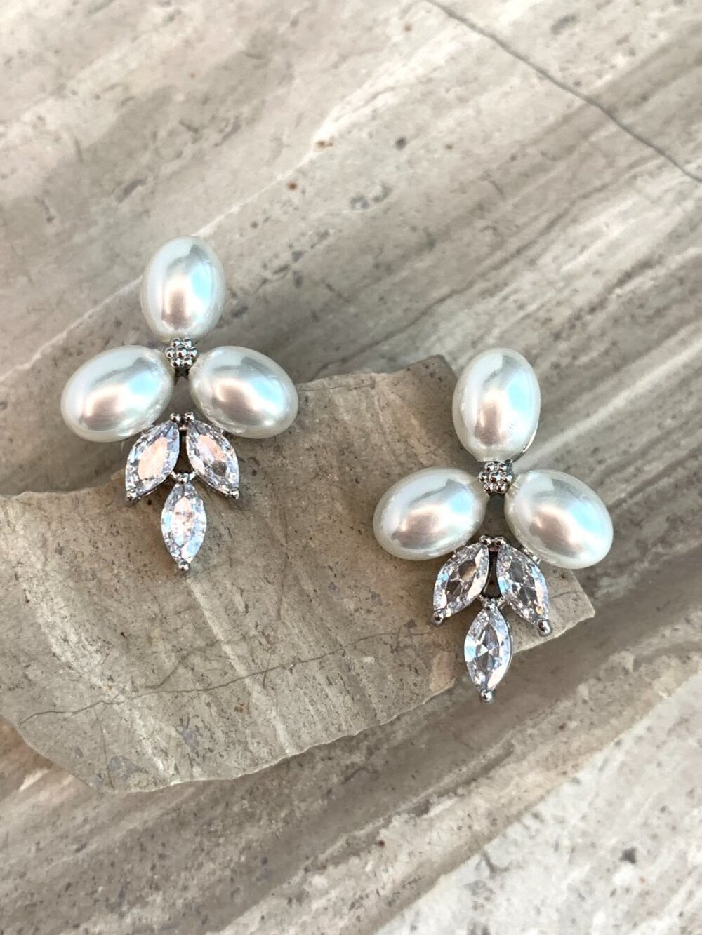 NEW~ Anthropologie, BHLDN, Triple Pearl & Marquise Crystal Cluster Stud Earrings